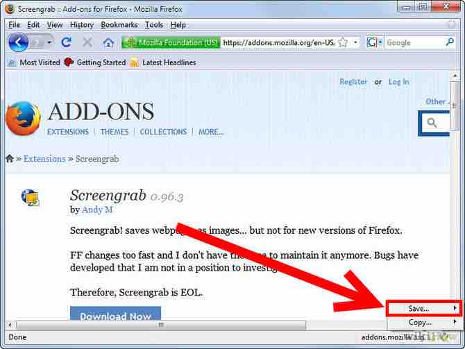 tomar imágenes de pantalla usando el plugin Screengrab de Firefox