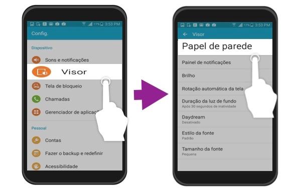 Passos 1 e 2 para mudar a papel de parede de um aparelho Android.