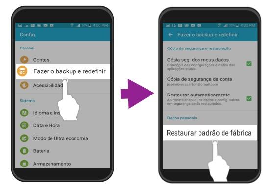 Passo 2 e 3 para restaurar padrões de fábrica.