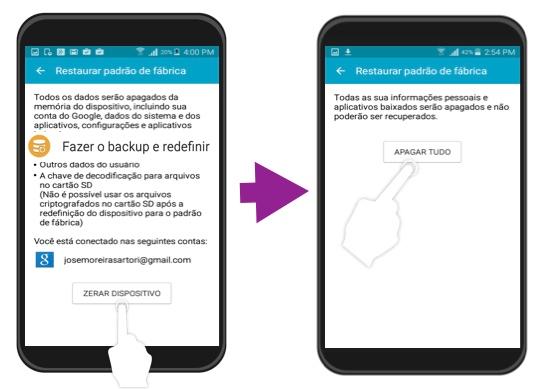 Imagem exemplo do passo 2 e 3 para restaurar os padrões de fábrica.