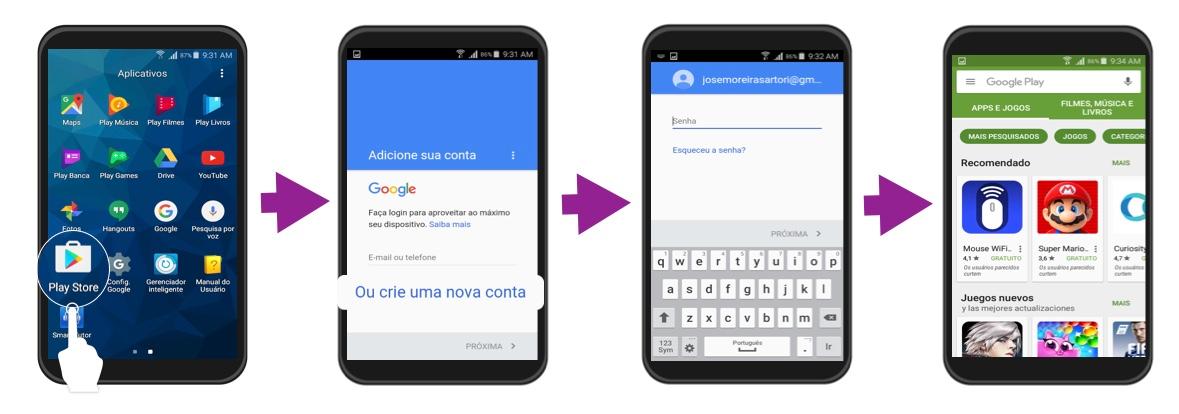 Etapas para acessar a Google Play Store.