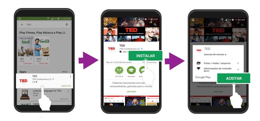 Passos três, quatro e cinco de como baixar um aplicativo.