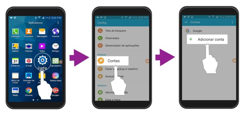 Exemplo dos primeiros três passos para iniciar sessão com uma conta Google no Android.