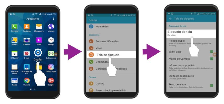 Imagem exemplo dos primeiros três passos para bloquear uma tela no Android.