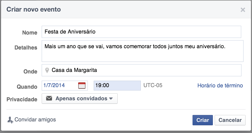 Dados para criar um evento