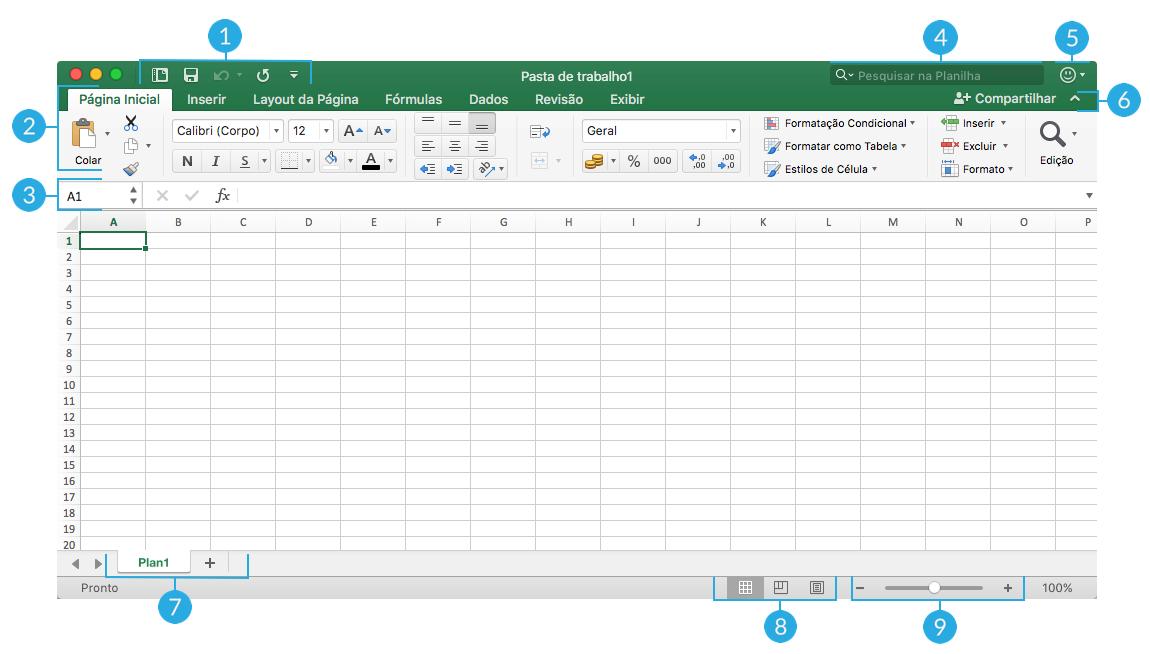 Orientações para a Interface do Excel no Mac.