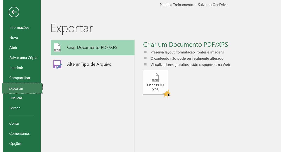 Exemplo do painel Exportar e da opção Criar um documento PDF/XPS.