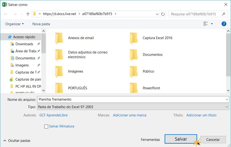 Imagem exemplo da caixa de diálogo Salvar como para exportar um arquivo no Excel 2016.