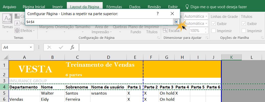 Exemplo dos passos 4 e 5 de como Imprimir títulos.