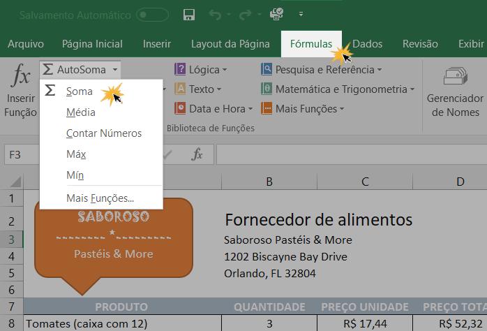 Exemplo de imagem de como inserir uma função AutoSoma.