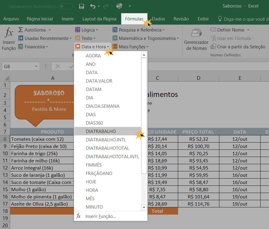 Exemplo de como usar as fórmulas do Excel.