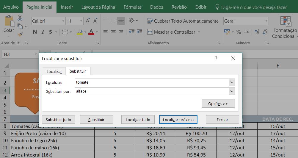 Exemplo da caixa de diálogo para substituir conteúdos no Excel.