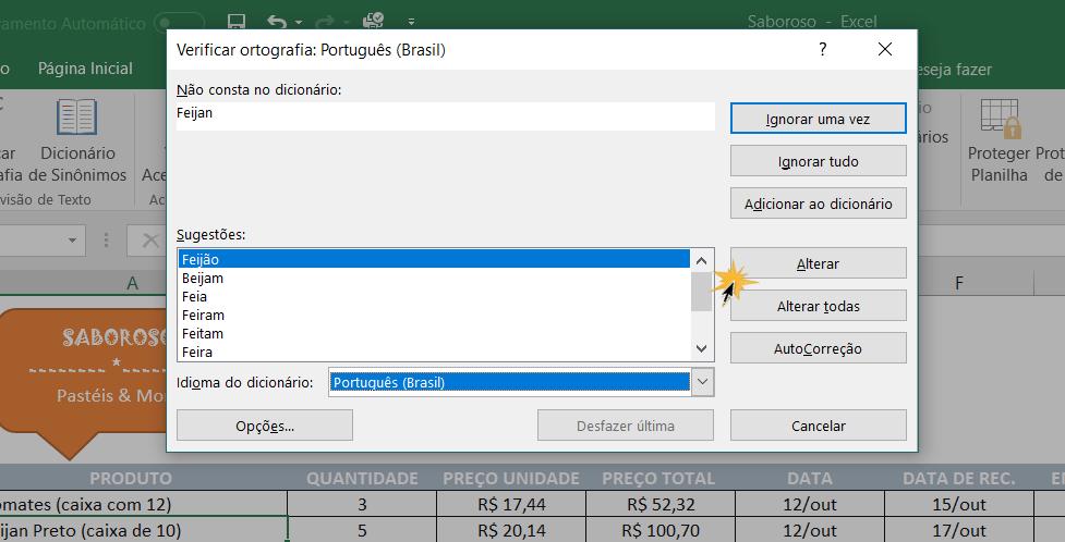 Exemplo de como usar o corretor no Excel 2016.