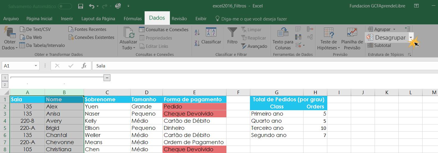 Exemplo do comando Desagrupar.