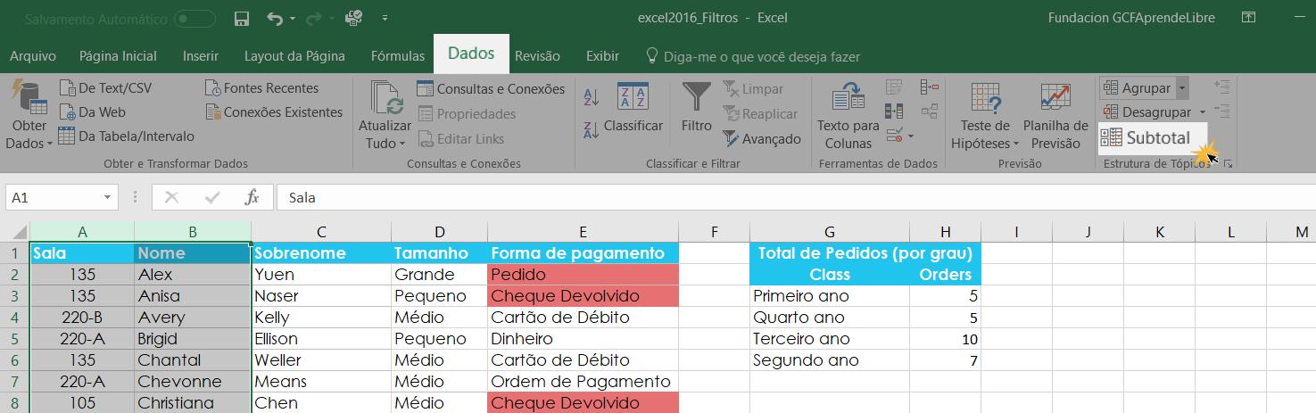 Exemplo do comando Subtotal.
