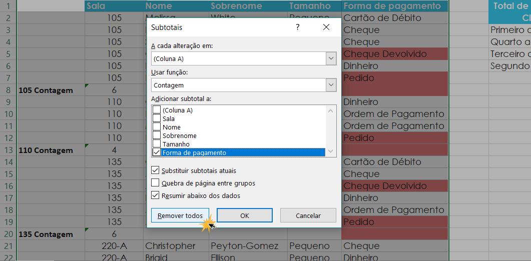 Exemplo de como remover subtotais.
