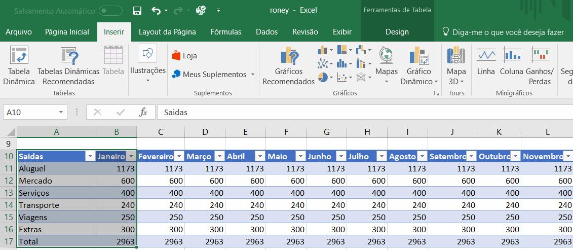 Exemplo de células selecionadas para fazer um gráfico.