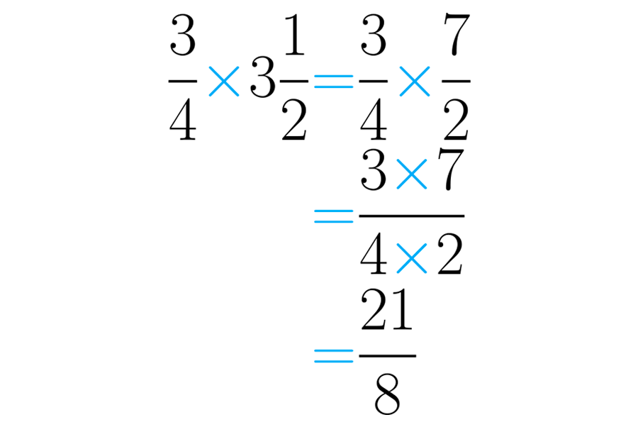 Multiplicação de três quartos por três inteiros e meio.