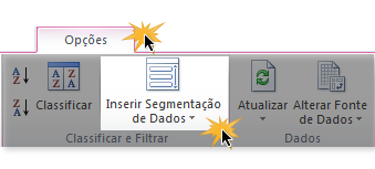 Exemplo de imagem do comando Inserir Segmentação de Dados na guia Opções do Excel 2010.