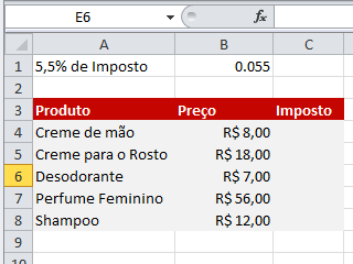 Exemplo de imagem dos dois primeiros passos para criar uma fórmula com referência absoluta no excel 2010