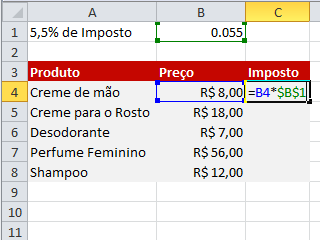 Exemplo de imagem do passo 5 para criar uma fórmula com referência absoluta no excel 2010.