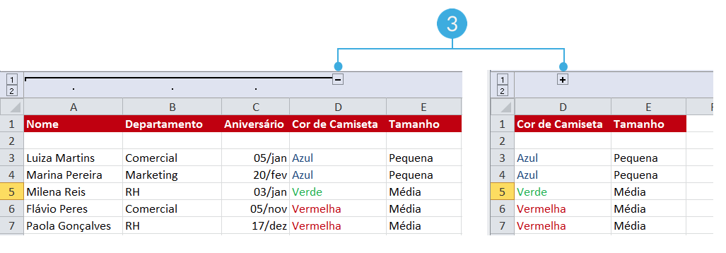Exemplo de imagem do sinal - ou + para ver os dados agrupados em uma planilha do Excel 2010