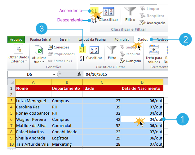 Exemplo de imagem do procedimento para classificar os dados numericamente no Excel 2010.