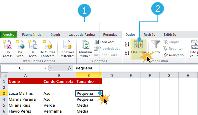 Imagem das duas primeiras etapas de como classificar dados por critérios personalizados no Excel 2010.