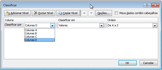 Exemplo de imagem da caixa de diálogo Classificar no Excel 2010.