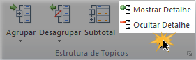 Exemplo de imagem dos comandos Mostrar detalhes e Ocultar detalhes na guia Dados no Excel 2010.