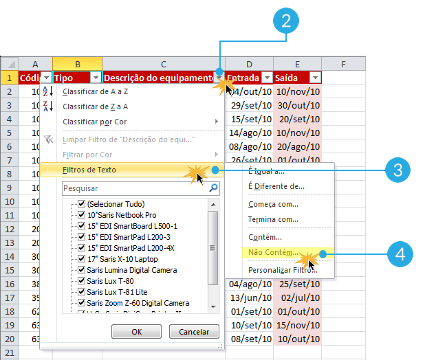 Exemplo de imagem dos passos 2, 3 e 4 para aplicar filtros avançados em uma planilha do Excel 2010.