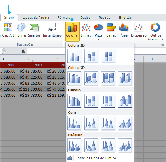 Exemplo de imagem dos passos 2 e 3 para criar um gráfico no Excel 2010.