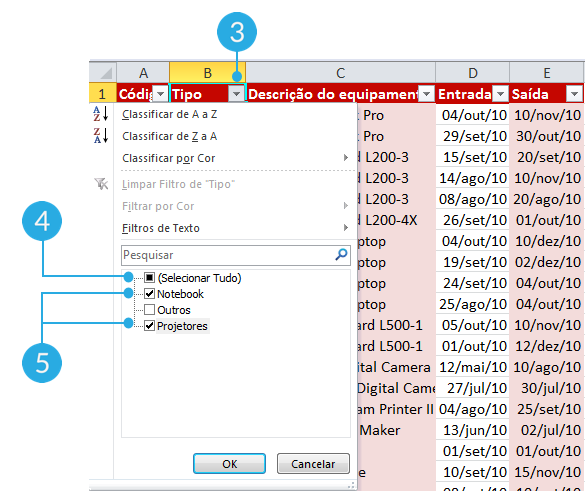 Exemplo de imagem do menu suspenso do filtro de uma coluna no Excel 2010.