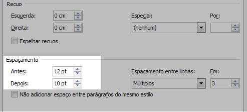 Opções de espaçamento