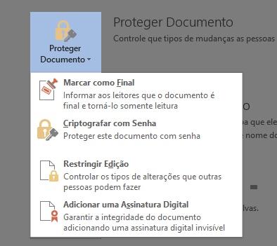 Opção proteger documento dentro do painel de Informações.