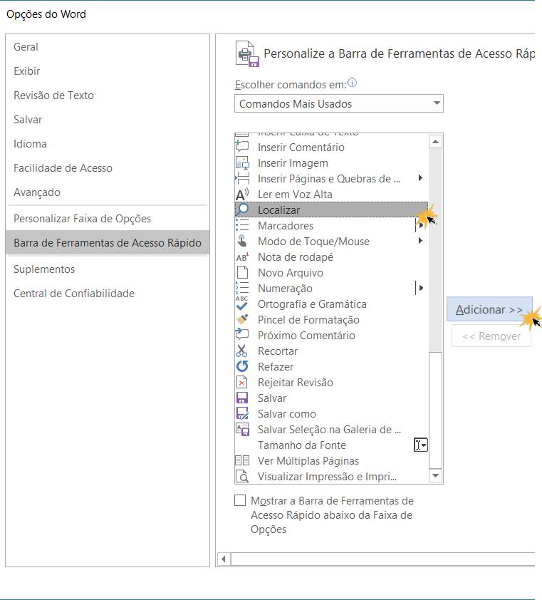 Agregar função à barra de acesso rápido desde o início Opciones de Word.