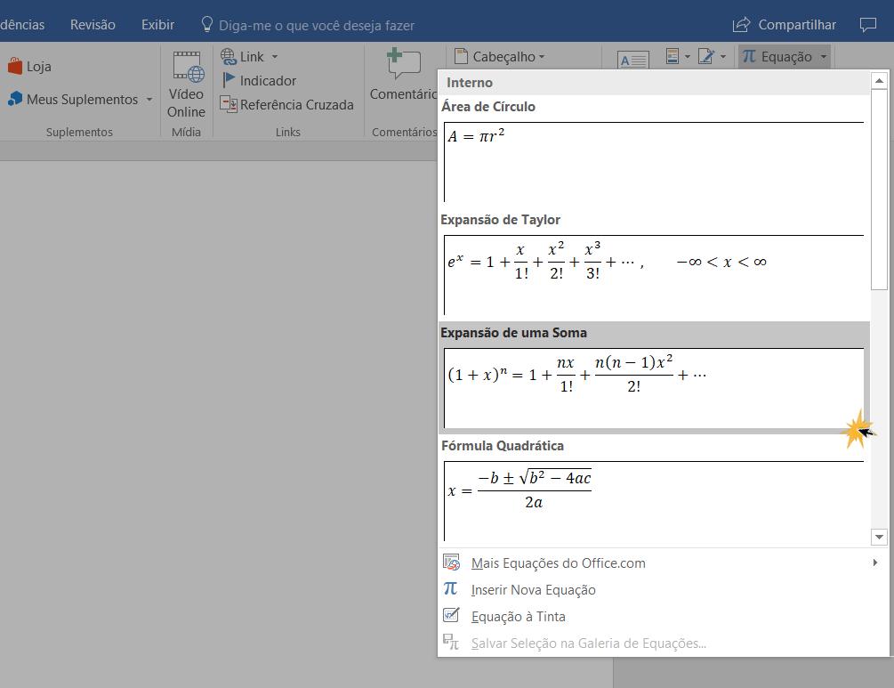 Clique sobre a fórmula matemática do menu de opções na função Equação.
