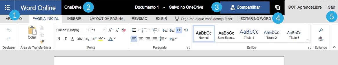 Faixa de opções do Word Online.