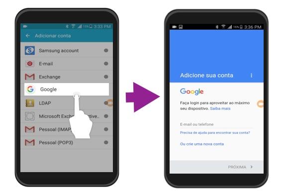 Imagem exemplo dos passos 4 e 5 para iniciar sessão com uma conta Google no Android.