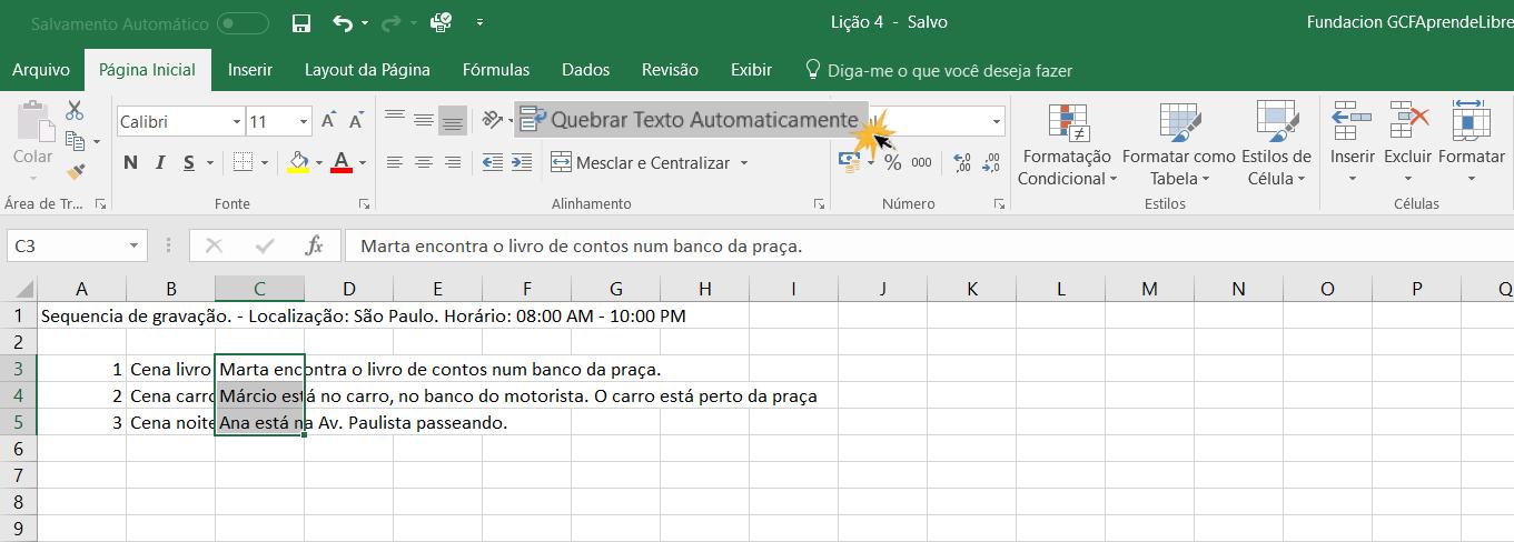 Modelo da opção: Quebrar texto automaticamente.