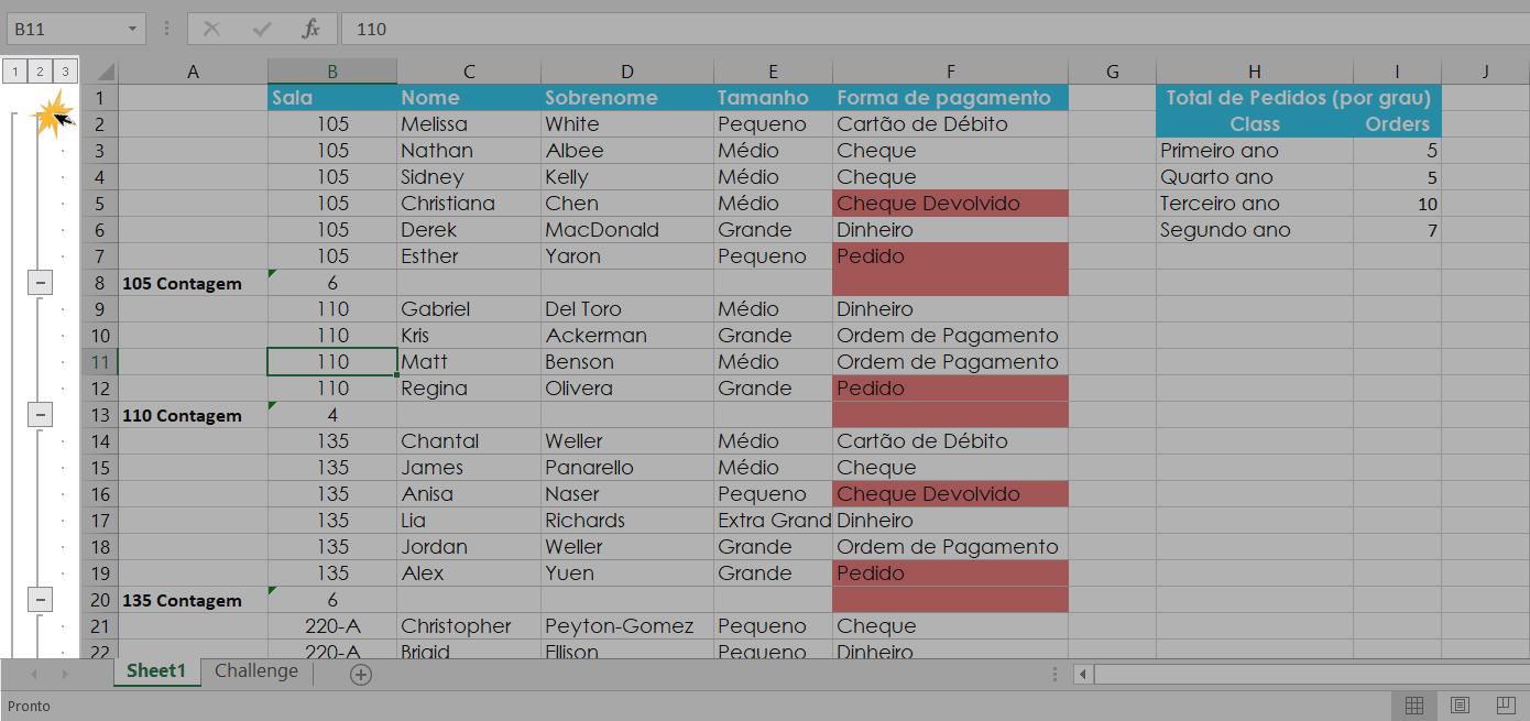 Exemplo dos níveis de grupos e subtotais no Excel 2016.