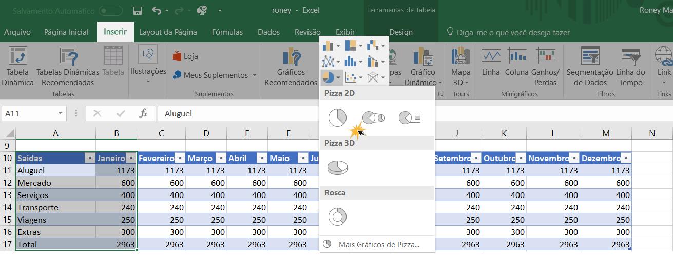 Exemplo de como inserir um gráfico no Excel.