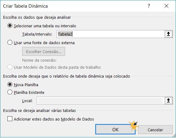 Exemplo da caixa de diálogo de criar uma tabela dinâmica.