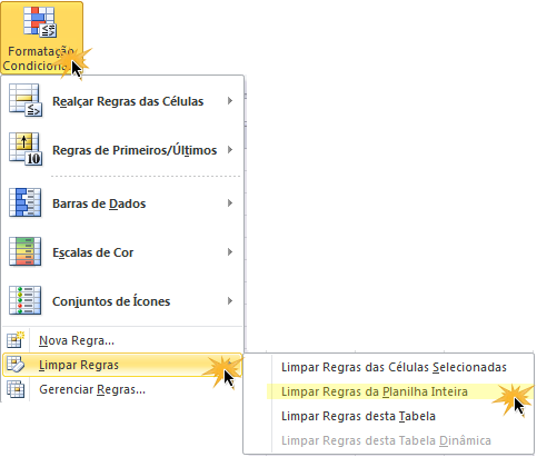 Excluir as regras de formatação condicional