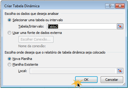 Caixa de diálogo Criar tabela dinâmica