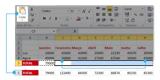 Exemplo de imagem de como o Excel 2010 funciona ao copiar uma fórmula.