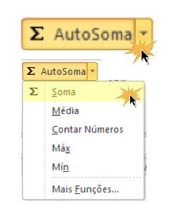 Exemplo de imagem do comando Autosoma e a função Soma no Excel 2010.