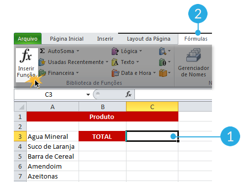 Exemplo de imagem da guia Fórmulas e o comando Inserir Função no Excel 2010