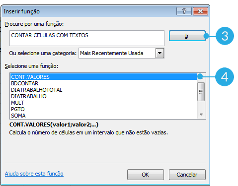 Exemplo de imagem da caixa de diálogo Inserir Função no Excel 2010.