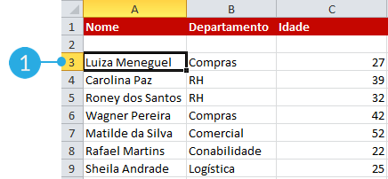 Exemplo de imagem da primeira etapa para ordenar uma lista em ordem alfabética no Excel 2010